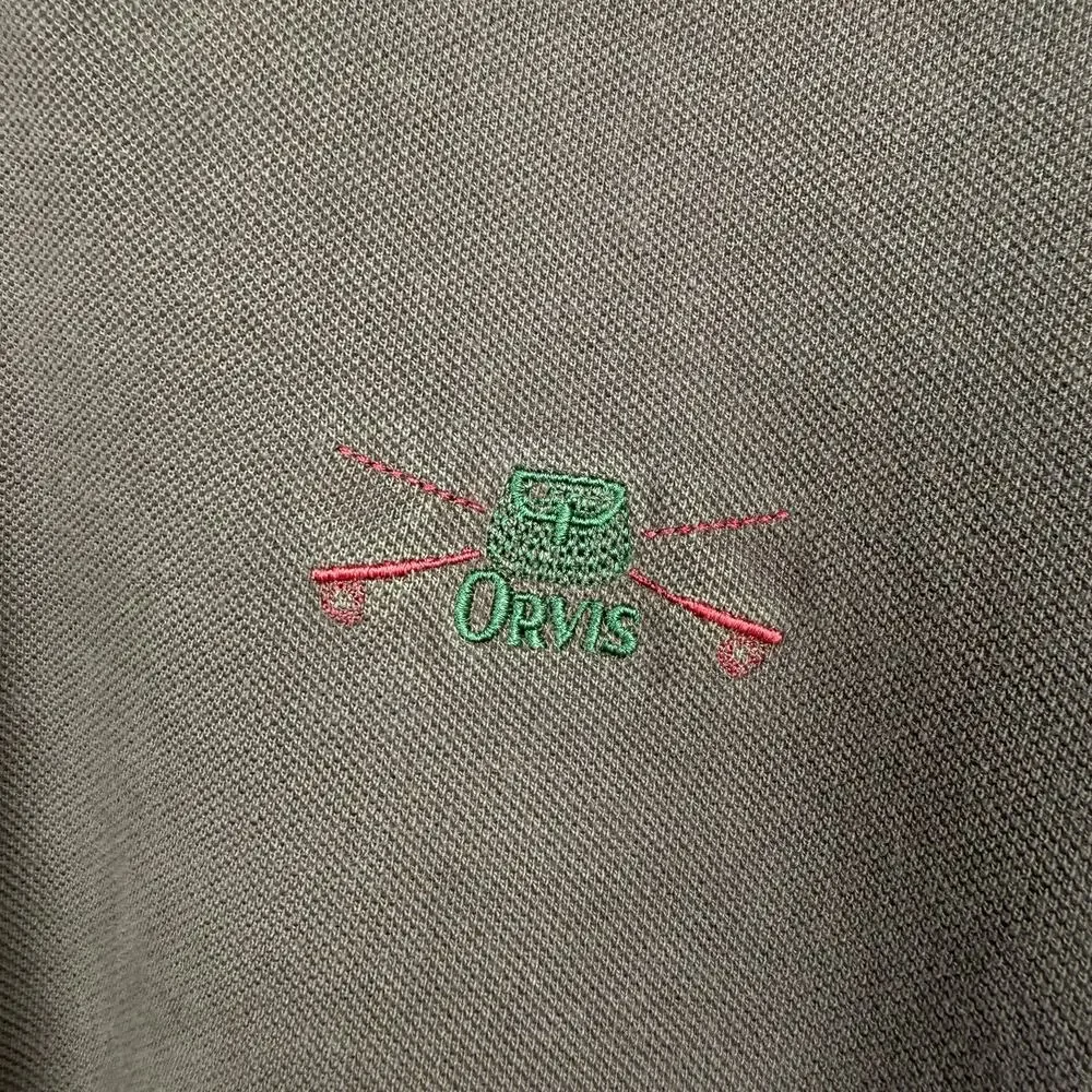 Vintage 90s Orvis Polo Shirt Gray Short Sleeve Piqué Knit Embroidered Fishing
